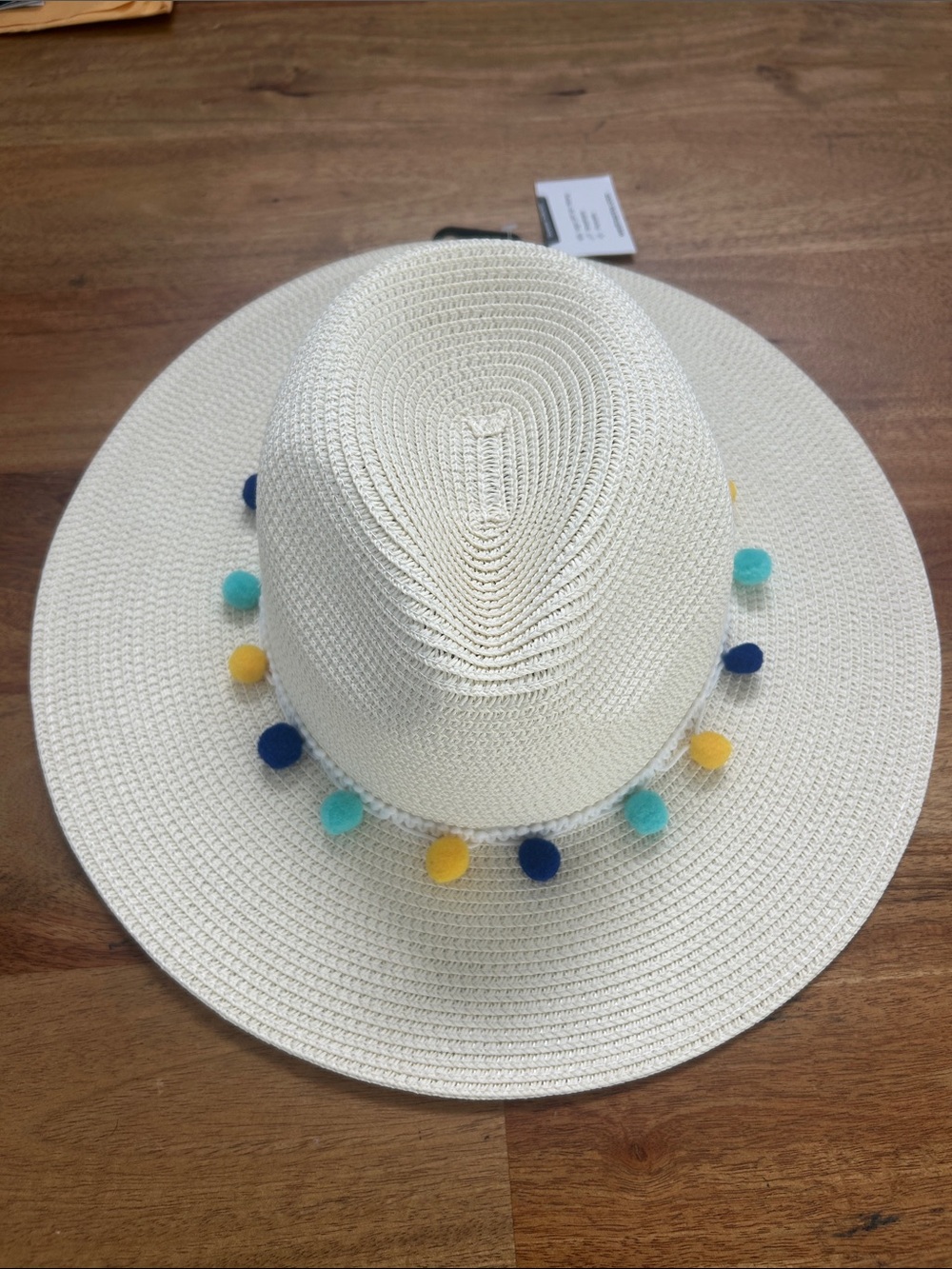 White Straw Sun Hat with Blue & Yellow Pom-Pom Trim